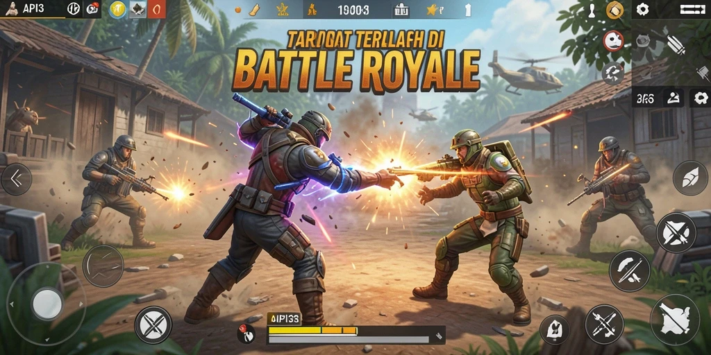 Screenshot gameplay API33 menunjukkan aksi intens dalam pertempuran Battle Royale.