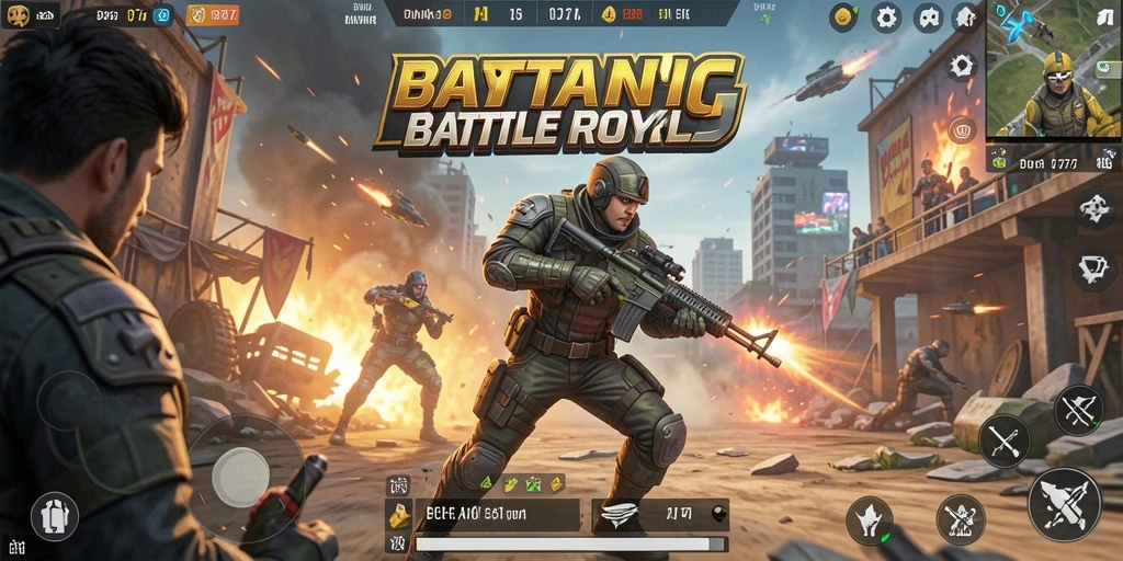 Tangkapan layar utama DY777 menampilkan aksi pertarungan Battle Royale yang intens.