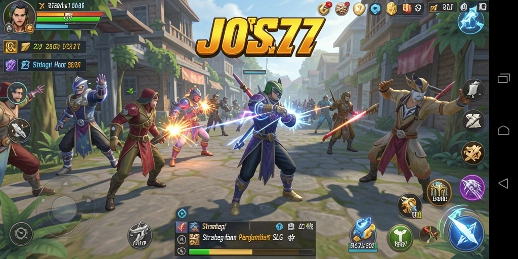 Screenshot gameplay JOS77 menunjukkan pertempuran strategis yang mendebarkan.