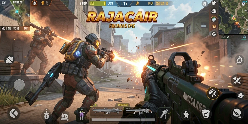 Screenshot utama RAJACAIR menampilkan aksi tembak-menembak yang intens.