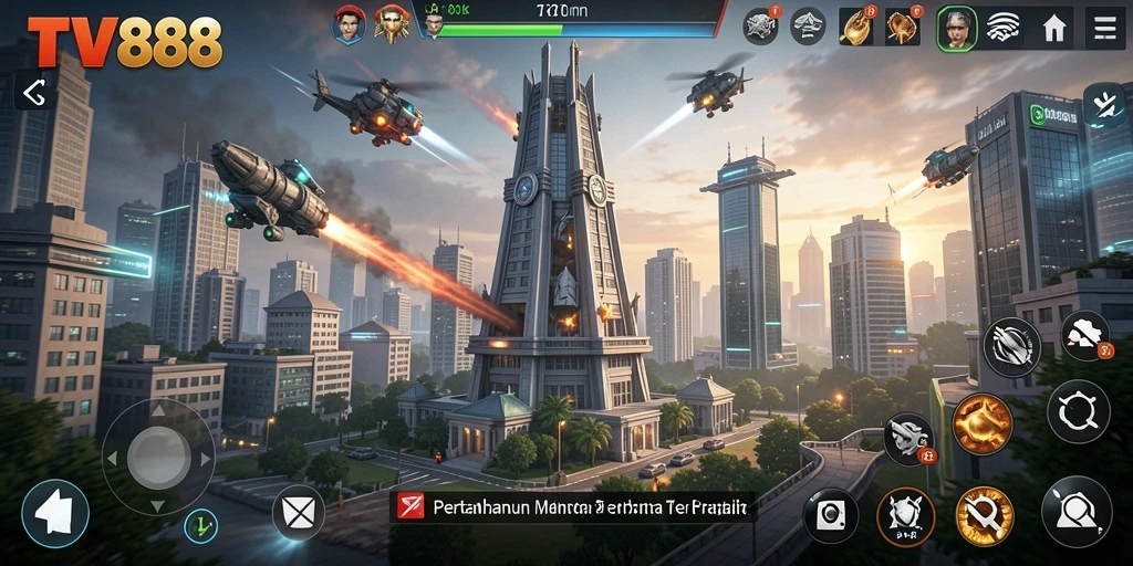 Tangkapan layar utama TV888 dengan aksi gameplay Tower Defense yang menarik.